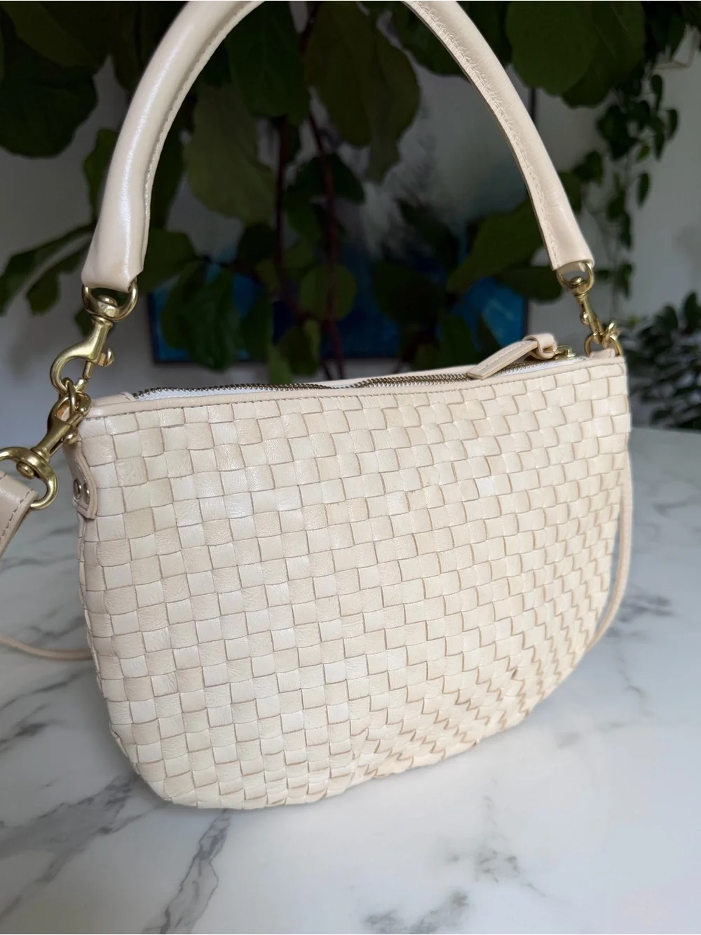 Clare V Petit Moyen Cream Woven Checker Leather Crossbody Shoulder Bag